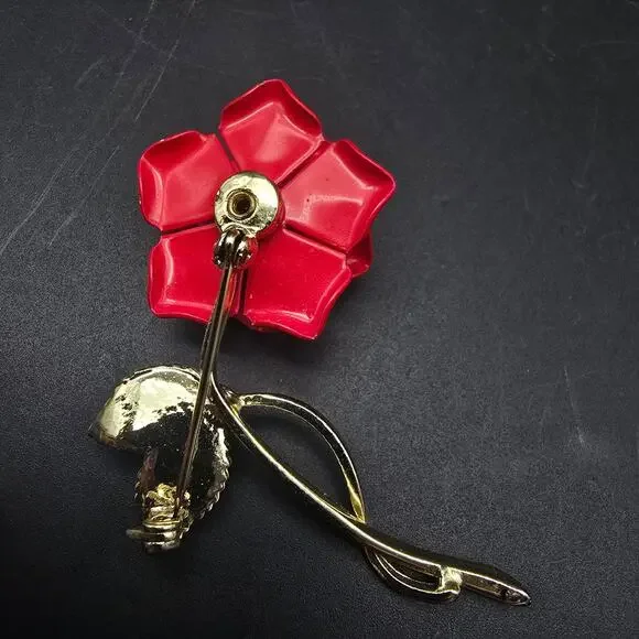 Red Rose Brooch Gold Tone Enamel Leaves Vintage Costume Jewelry - Picture 3 of 5